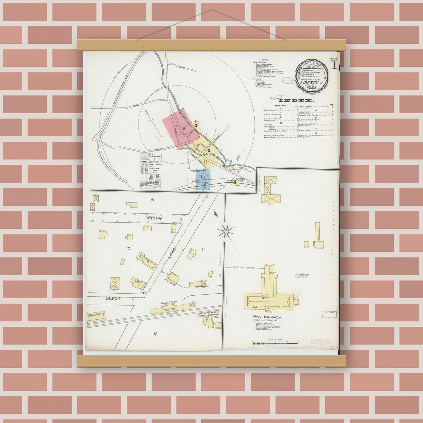 Old map wall art mockup — magnetic wood frame on brick wall — Sanborn Fire Insurance Map from Liberty, Sullivan County, New York (1892), Sheet #0001