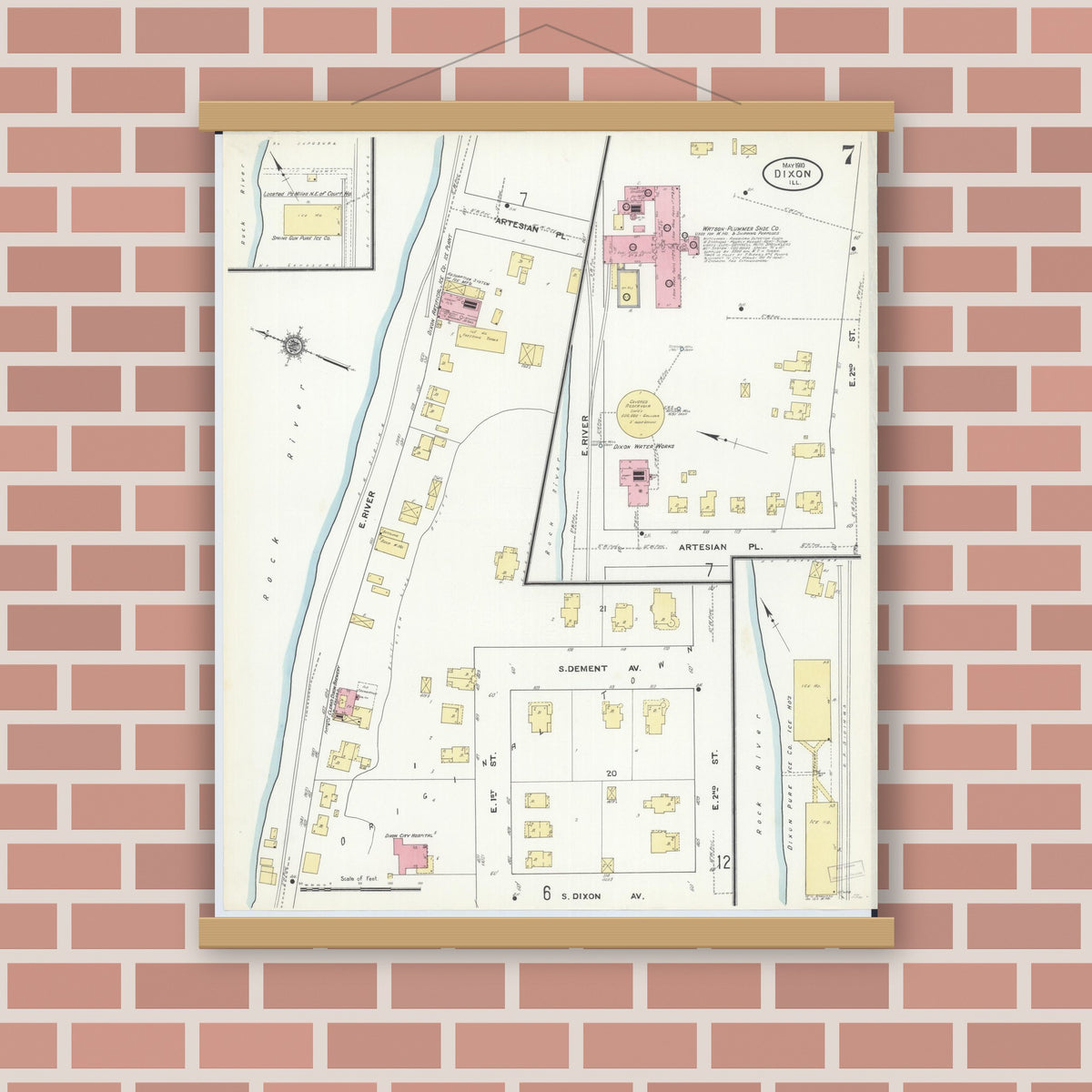 Old map wall art mockup — magnetic wood frame on brick wall — Sanborn Fire Insurance Map from Dixon, Lee County, Illinois (1910), Sheet #0007