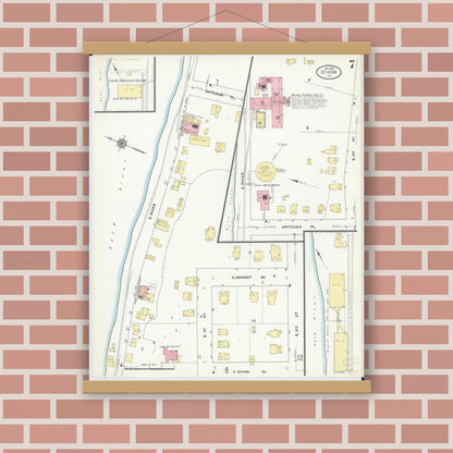 Old map wall art mockup — magnetic wood frame on brick wall — Sanborn Fire Insurance Map from Dixon, Lee County, Illinois (1910), Sheet #0007