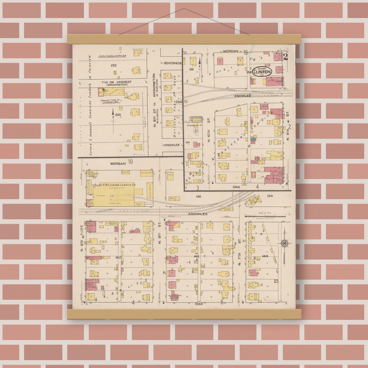 Old map wall art mockup — magnetic wood frame on brick wall — Sanborn Fire Insurance Map from Clinton, Vermillion County, Indiana (1921), Sheet #0002
