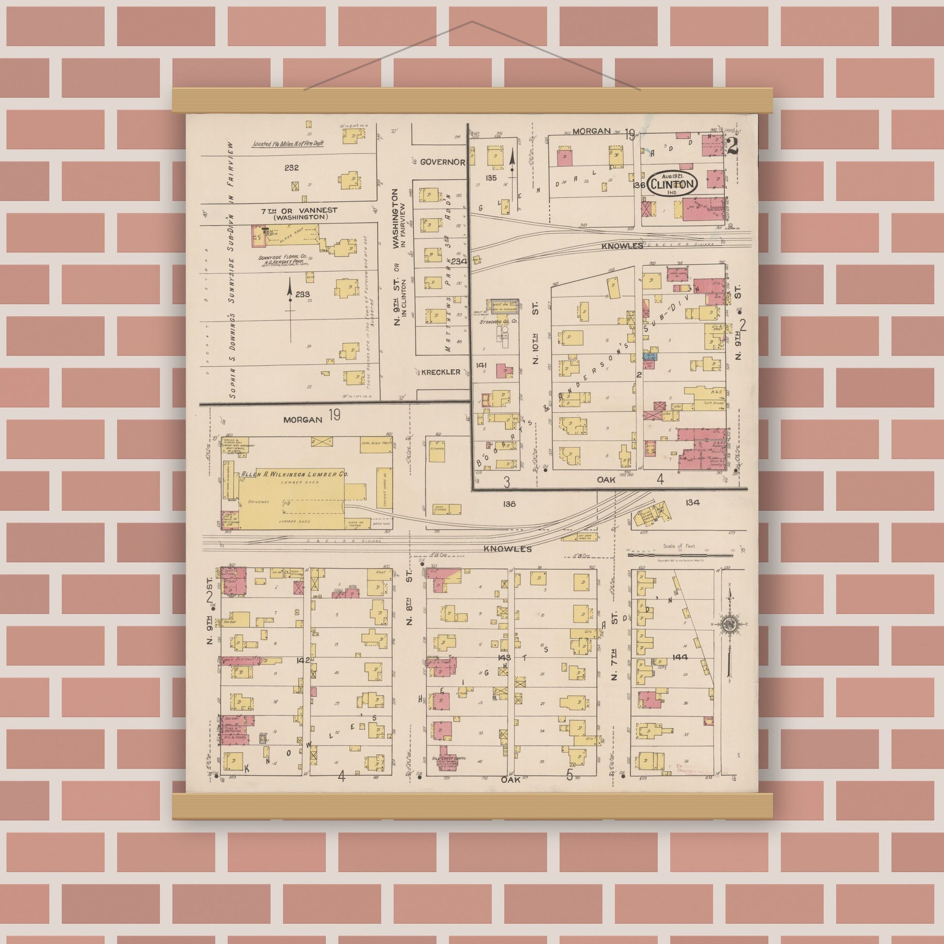 Old map wall art mockup — magnetic wood frame on brick wall — Sanborn Fire Insurance Map from Clinton, Vermillion County, Indiana (1921), Sheet #0002
