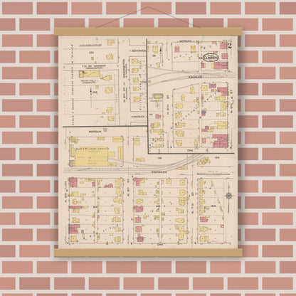 Old map wall art mockup — magnetic wood frame on brick wall — Sanborn Fire Insurance Map from Clinton, Vermillion County, Indiana (1921), Sheet #0002