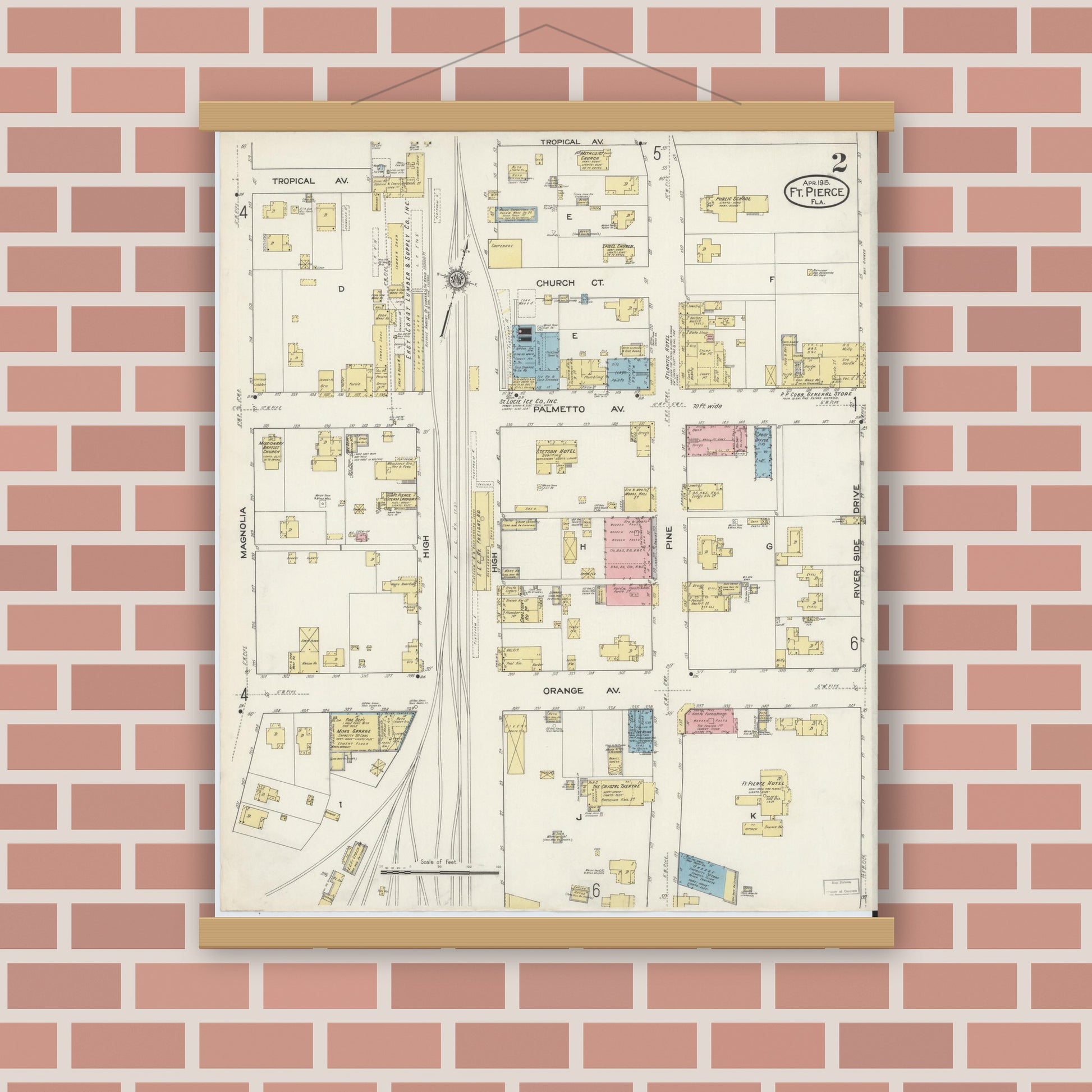 Old map wall art mockup — magnetic wood frame on brick wall — Sanborn Fire Insurance Map from Fort Pierce, St Lucie County, Florida (1915), Sheet #0002
