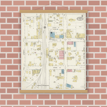 Old map wall art mockup — magnetic wood frame on brick wall — Sanborn Fire Insurance Map from Fort Pierce, St Lucie County, Florida (1915), Sheet #0002