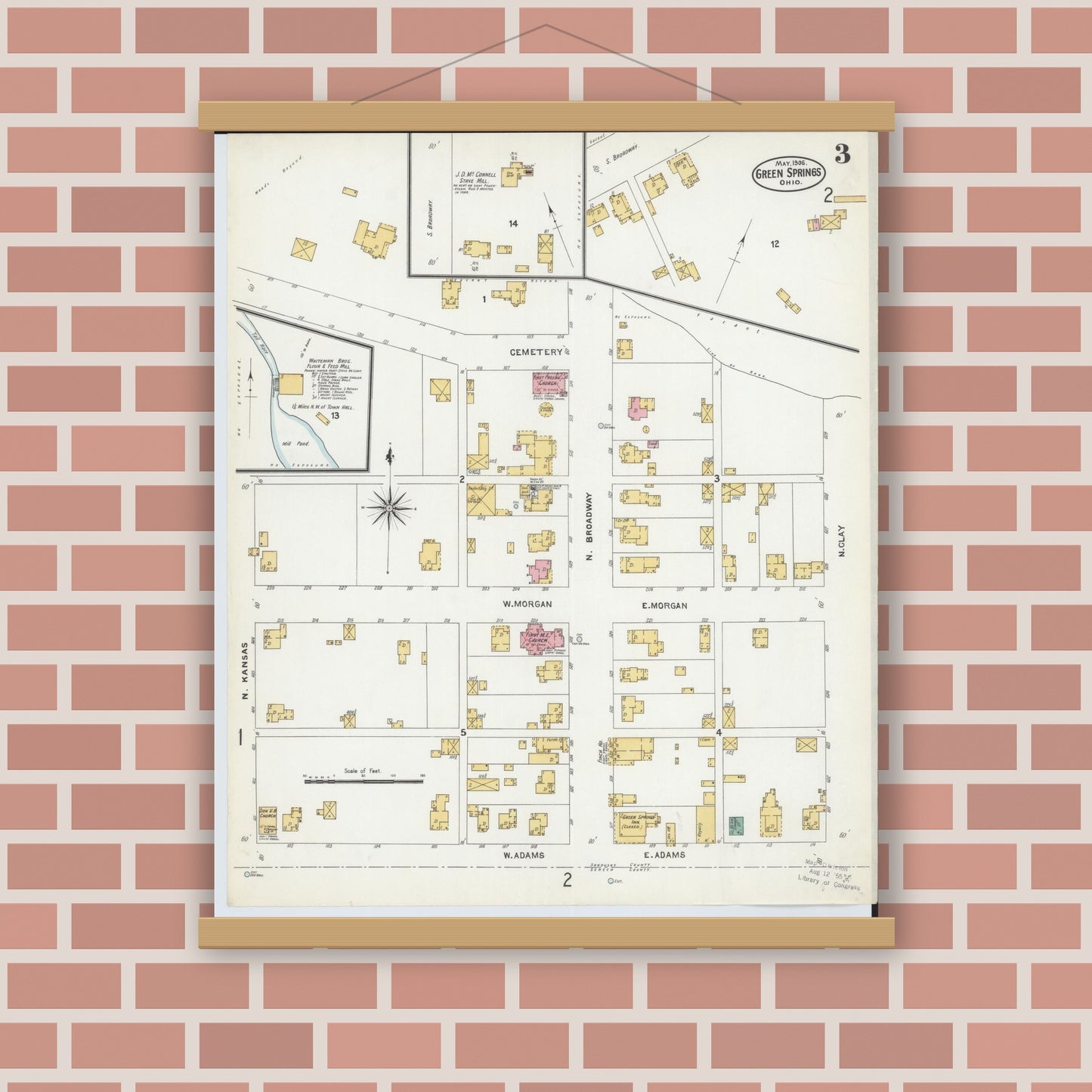 Old map wall art mockup — magnetic wood frame on brick wall — Sanborn Fire Insurance Map from Green Springs, Sandusky And Seneca Counties, Ohio (1906), Sheet #0003