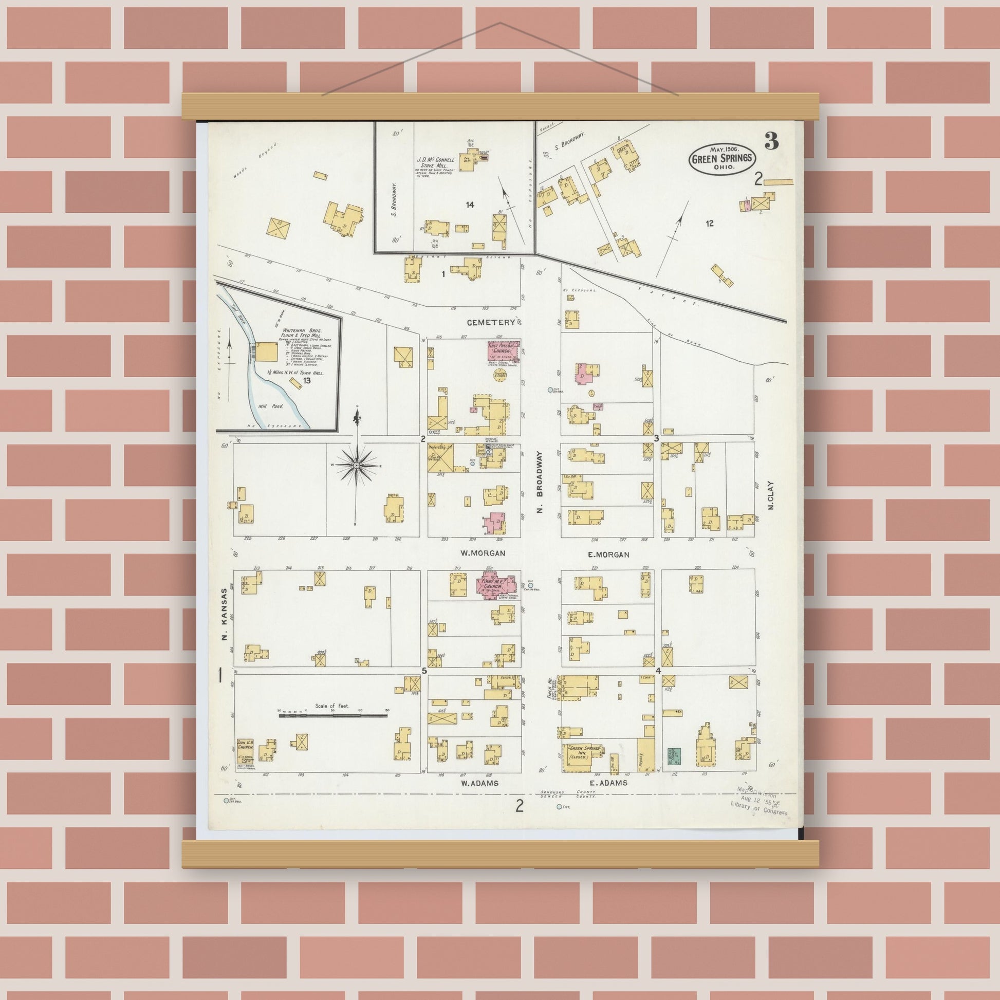 Old map wall art mockup — magnetic wood frame on brick wall — Sanborn Fire Insurance Map from Green Springs, Sandusky And Seneca Counties, Ohio (1906), Sheet #0003