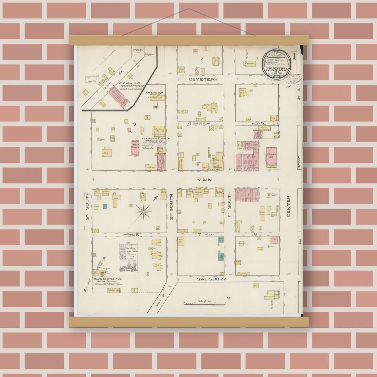 Old map wall art mockup — magnetic wood frame on brick wall — Sanborn Fire Insurance Map from Lexington, Davidson County, North Carolina (1885) - Complete Map Set
