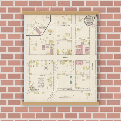 Old map wall art mockup — magnetic wood frame on brick wall — Sanborn Fire Insurance Map from Lexington, Davidson County, North Carolina (1885) - Complete Map Set
