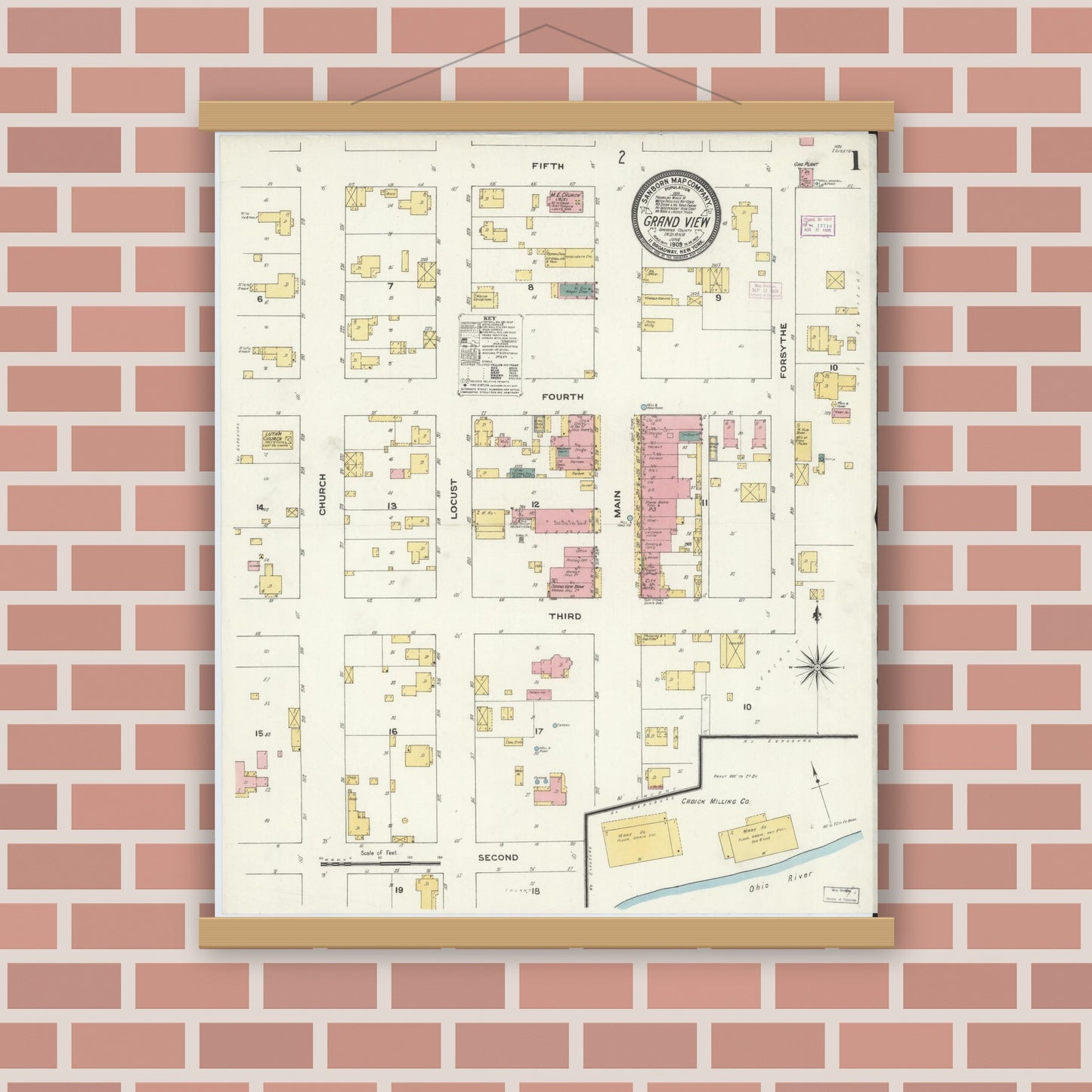 Old map wall art mockup — magnetic wood frame on brick wall — Sanborn Fire Insurance Map from Grand View, Spencer County, Indiana (1909) - Complete Map Set