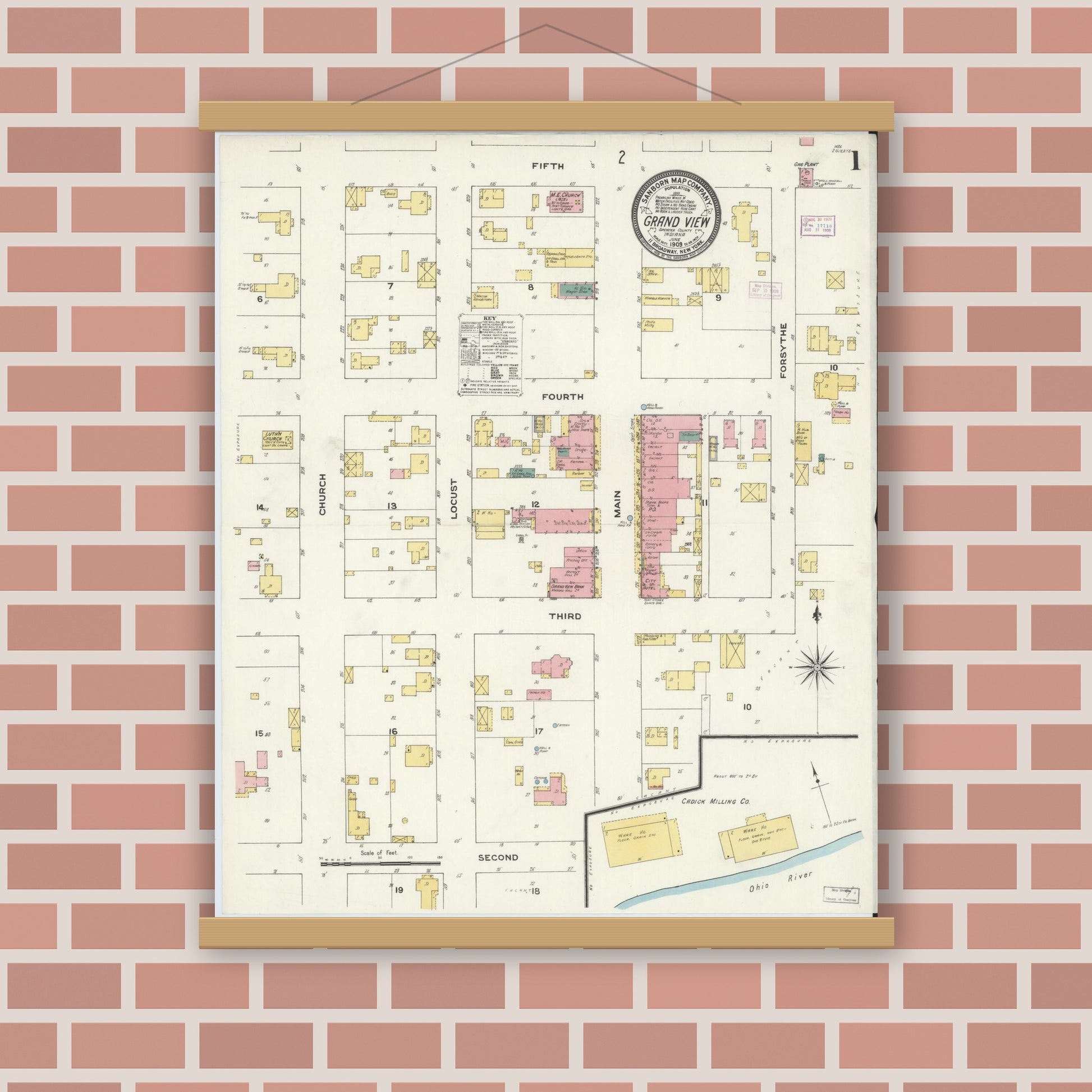 Old map wall art mockup — magnetic wood frame on brick wall — Sanborn Fire Insurance Map from Grand View, Spencer County, Indiana (1909) - Complete Map Set