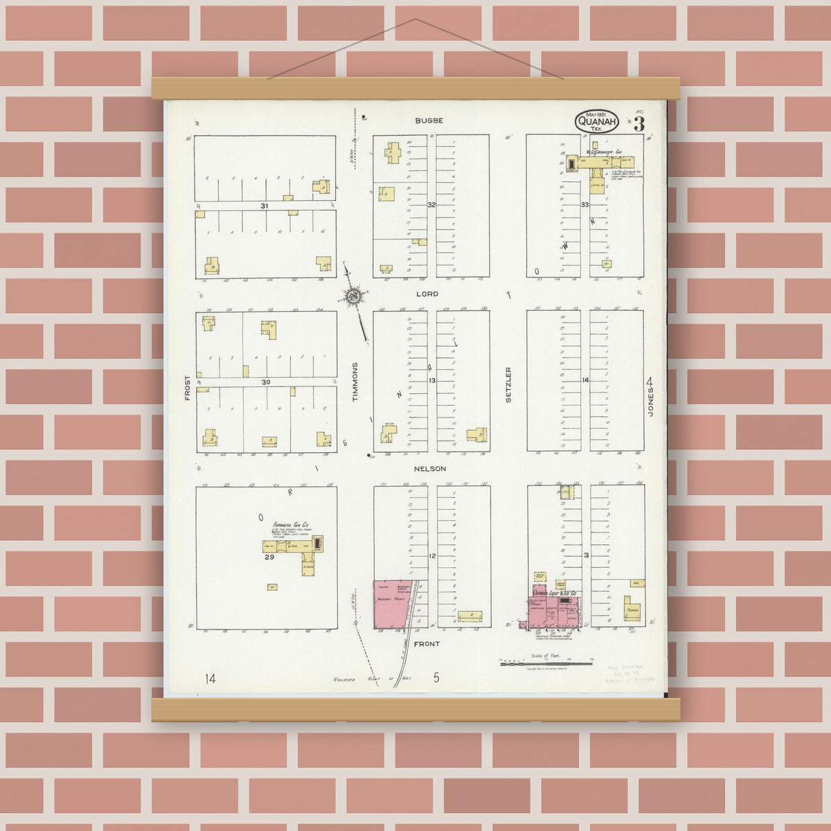 Old map wall art mockup — magnetic wood frame on brick wall — Sanborn Fire Insurance Map from Quanah, Hardeman County, Texas (1921), Sheet #0003