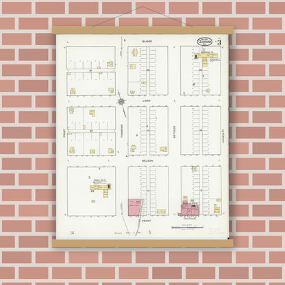 Old map wall art mockup — magnetic wood frame on brick wall — Sanborn Fire Insurance Map from Quanah, Hardeman County, Texas (1921), Sheet #0003