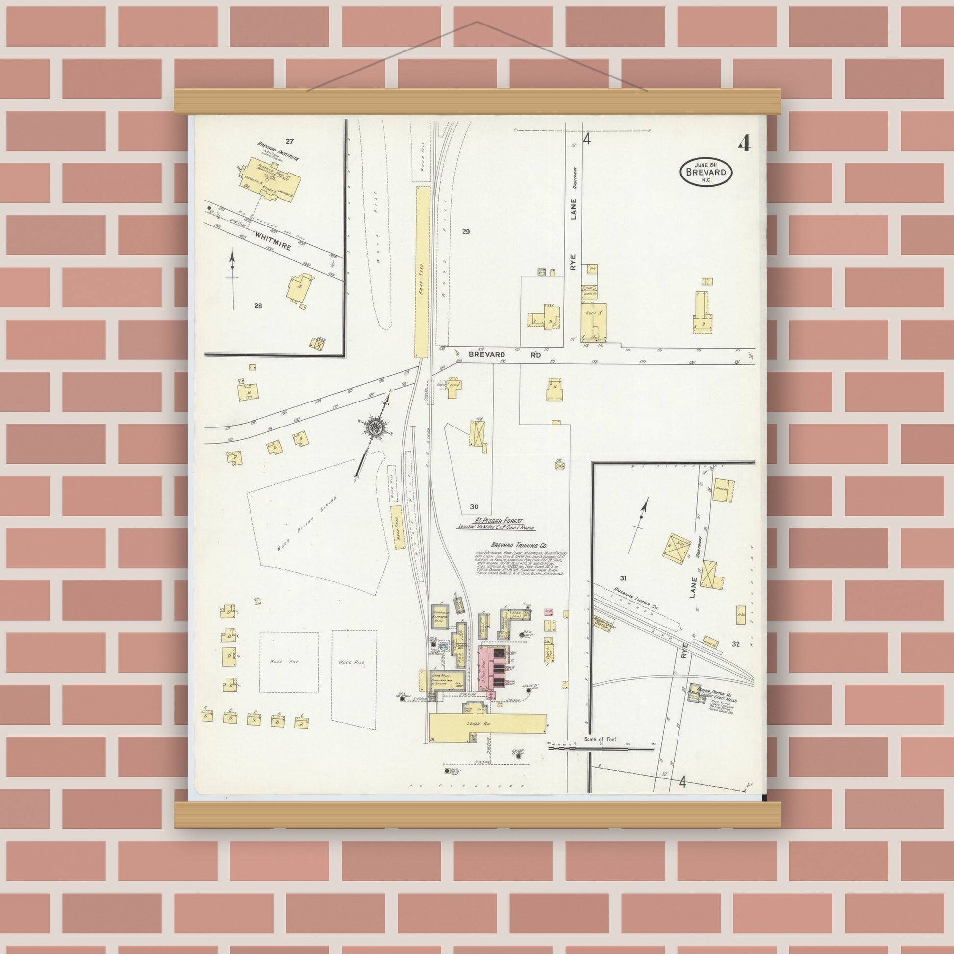 Old map wall art mockup — magnetic wood frame on brick wall — Sanborn Fire Insurance Map from Brevard, Transylvania County, North Carolina (1911), Sheet #0004