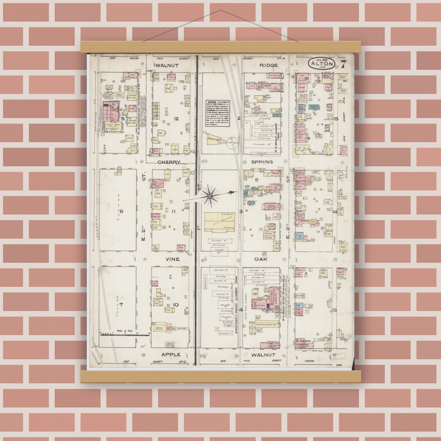 Old map wall art mockup — magnetic wood frame on brick wall — Sanborn Fire Insurance Map from Alton, Madison County, Illinois (1885), Sheet #0007