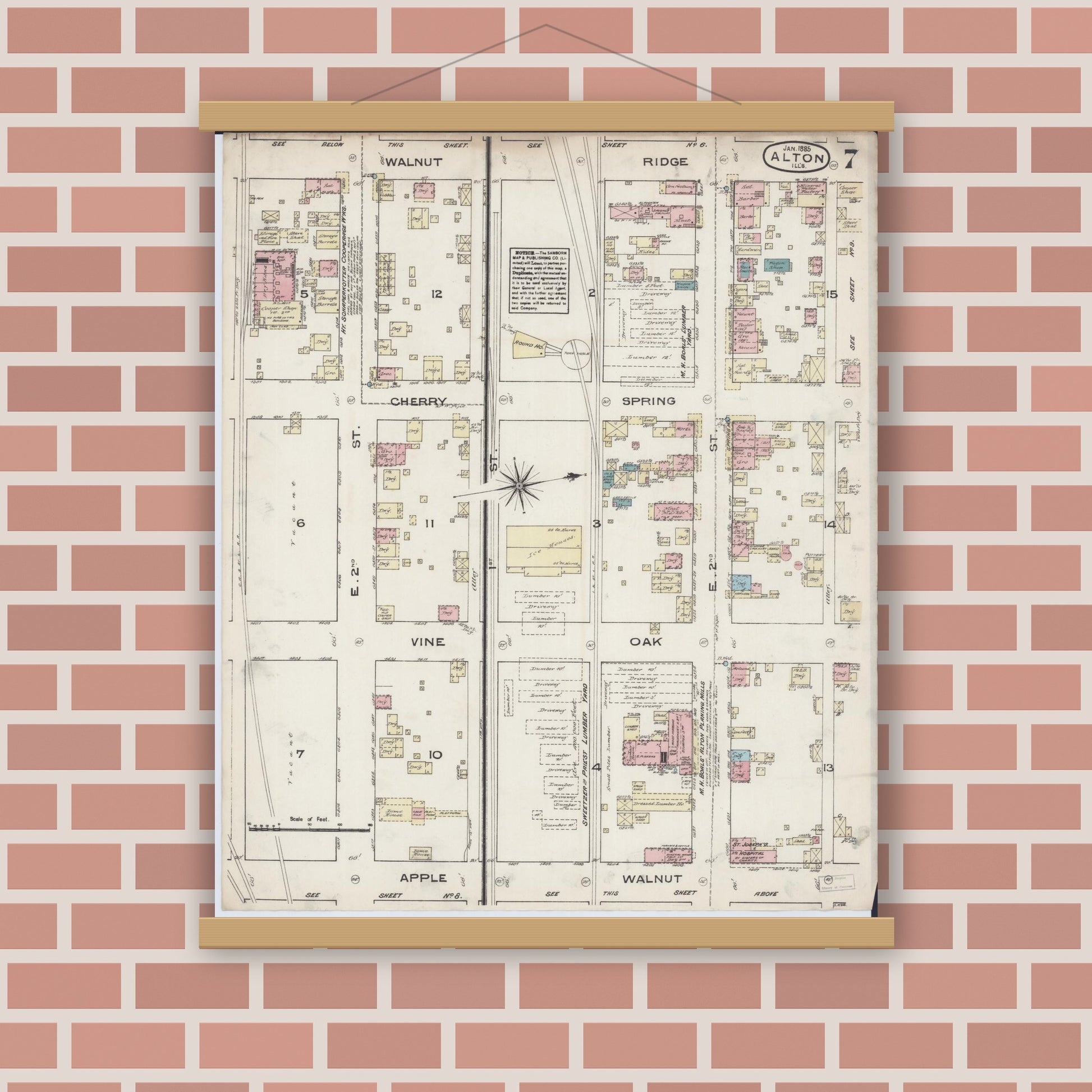 Old map wall art mockup — magnetic wood frame on brick wall — Sanborn Fire Insurance Map from Alton, Madison County, Illinois (1885), Sheet #0007