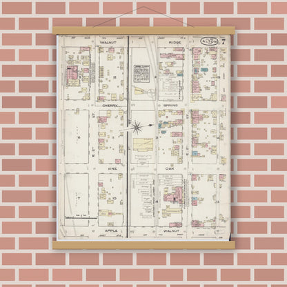 Old map wall art mockup — magnetic wood frame on brick wall — Sanborn Fire Insurance Map from Alton, Madison County, Illinois (1885), Sheet #0007
