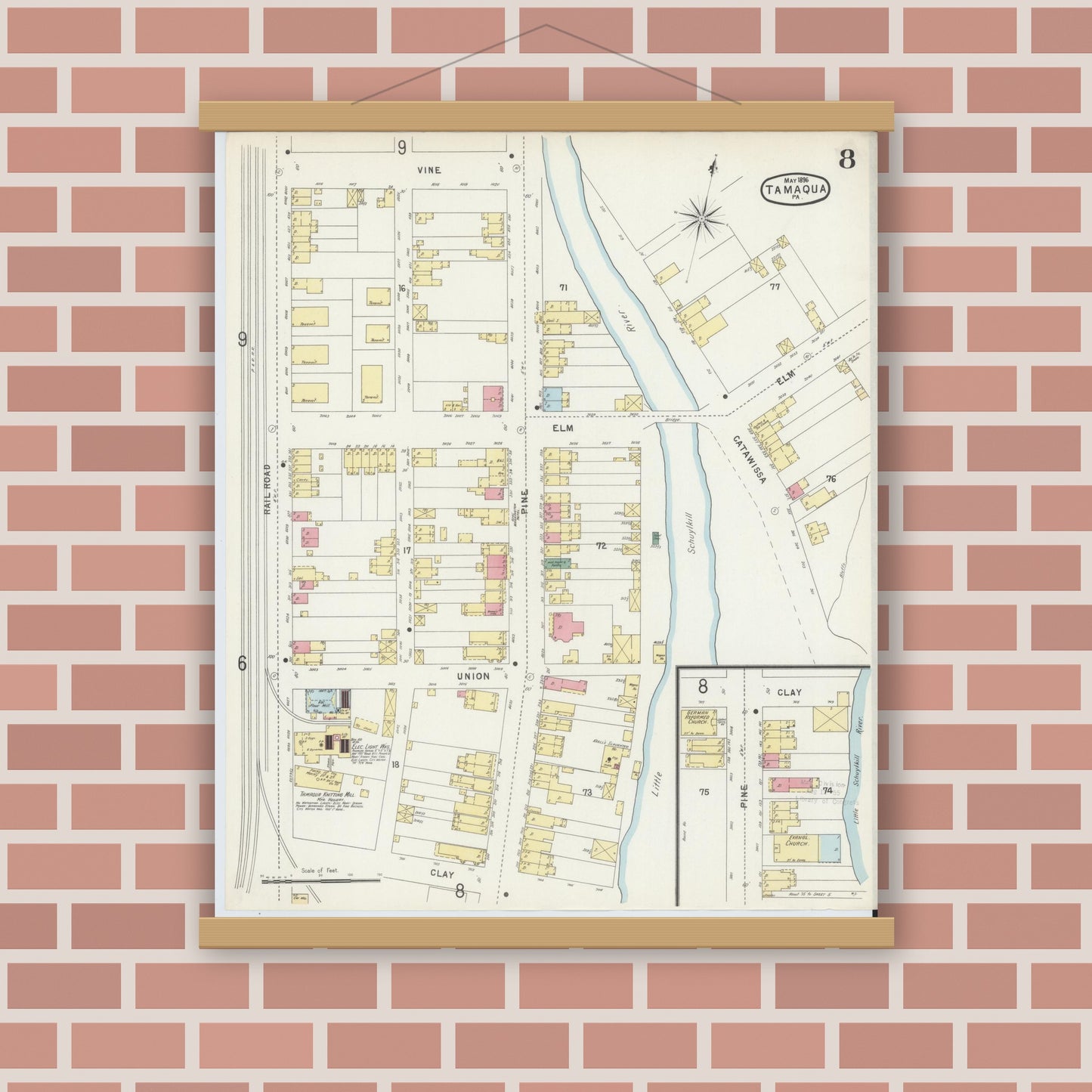 Old map wall art mockup — magnetic wood frame on brick wall — Sanborn Fire Insurance Map from Tamaqua, Schuylkill County, Pennsylvania (1896), Sheet #0008