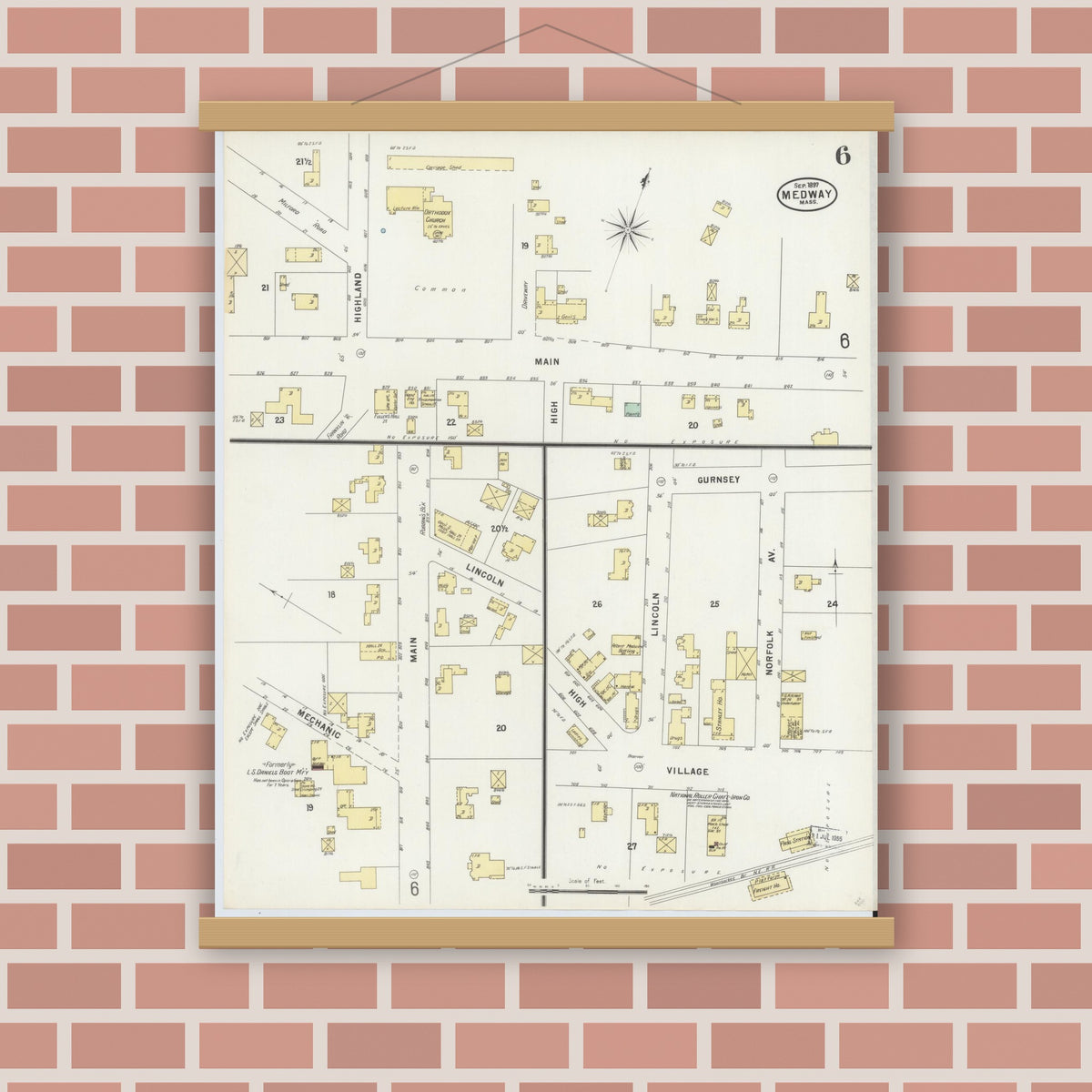 Old map wall art mockup — magnetic wood frame on brick wall — Sanborn Fire Insurance Map from Medway, Norfolk County, Massachusetts (1897), Sheet #0006
