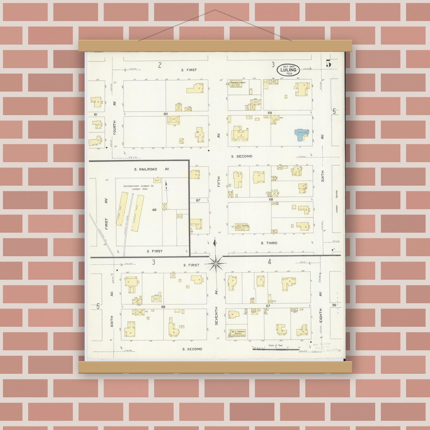 Old map wall art mockup — magnetic wood frame on brick wall — Sanborn Fire Insurance Map from Luling, Caldwell County, Texas (1907), Sheet #0005
