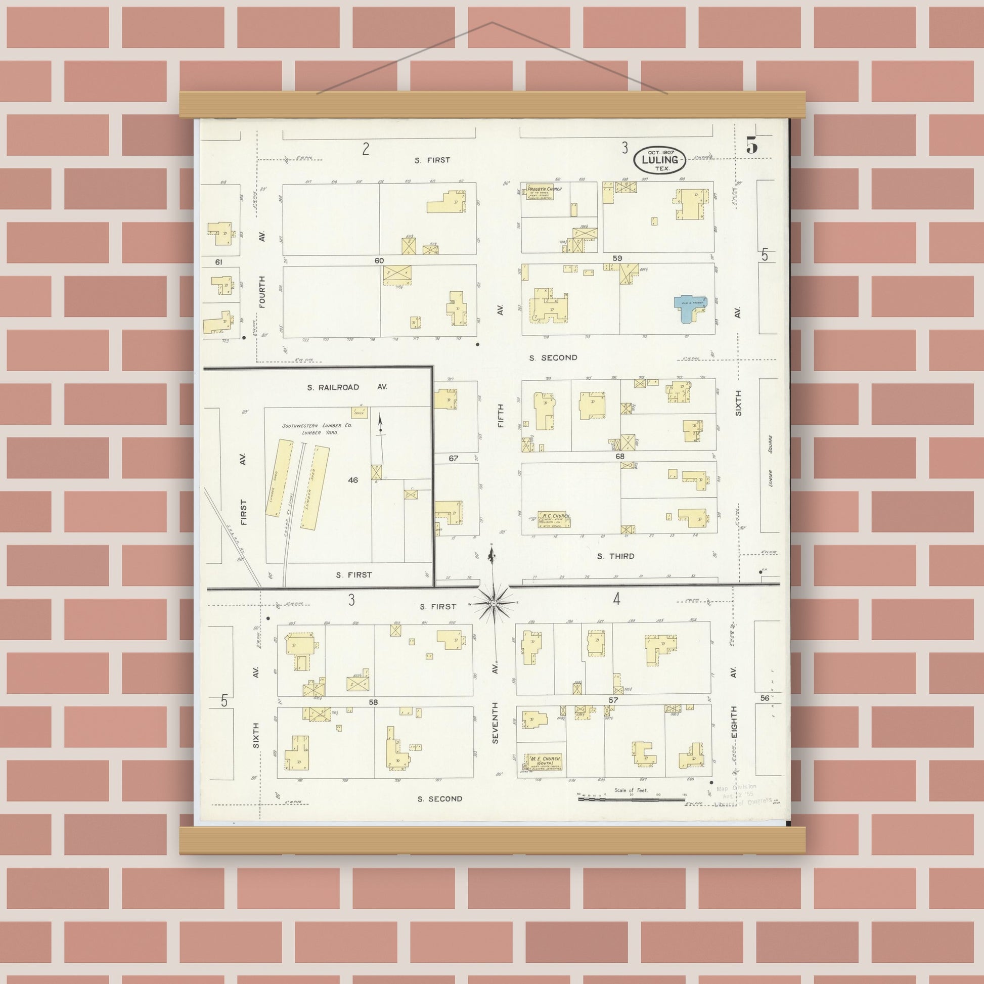 Old map wall art mockup — magnetic wood frame on brick wall — Sanborn Fire Insurance Map from Luling, Caldwell County, Texas (1907), Sheet #0005