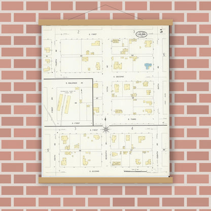 Old map wall art mockup — magnetic wood frame on brick wall — Sanborn Fire Insurance Map from Luling, Caldwell County, Texas (1907), Sheet #0005
