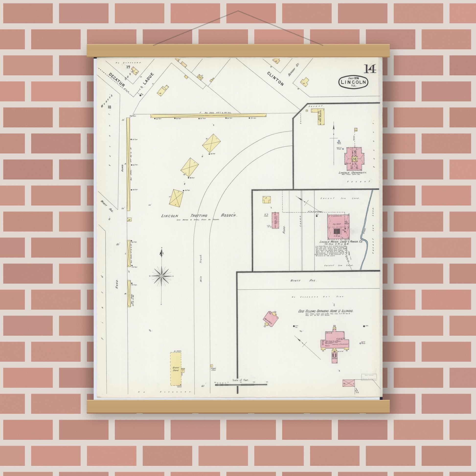 Old map wall art mockup — magnetic wood frame on brick wall — Sanborn Fire Insurance Map from Lincoln, Logan County, Illinois (1896), Sheet #0014