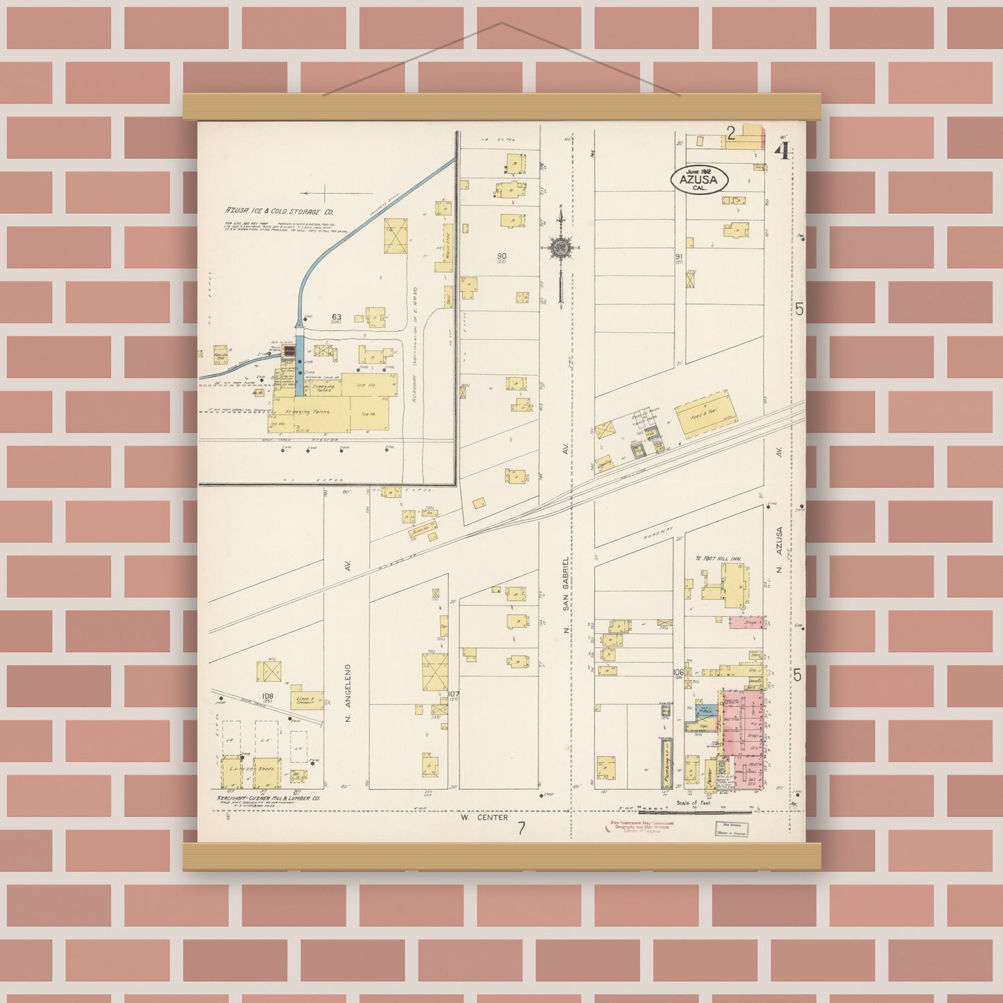 Old map wall art mockup — magnetic wood frame on brick wall — Sanborn Fire Insurance Map from Azusa, Los Angeles County, California (1912), Sheet #0004
