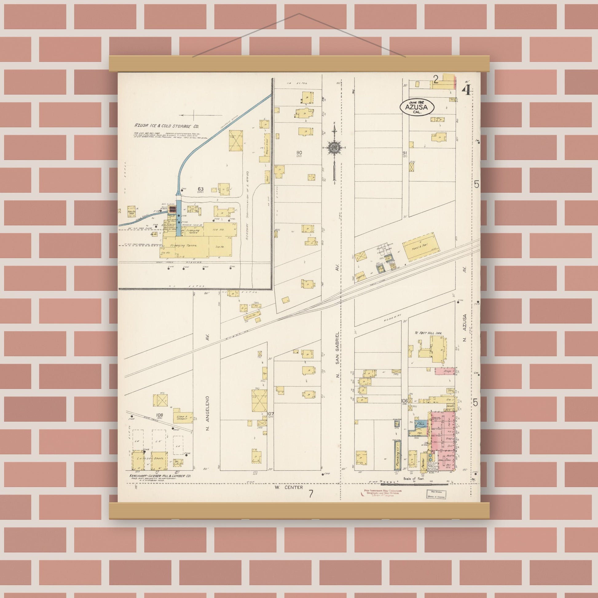 Old map wall art mockup — magnetic wood frame on brick wall — Sanborn Fire Insurance Map from Azusa, Los Angeles County, California (1912), Sheet #0004