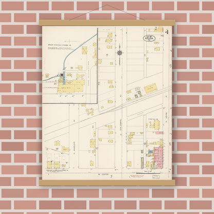 Old map wall art mockup — magnetic wood frame on brick wall — Sanborn Fire Insurance Map from Azusa, Los Angeles County, California (1912), Sheet #0004