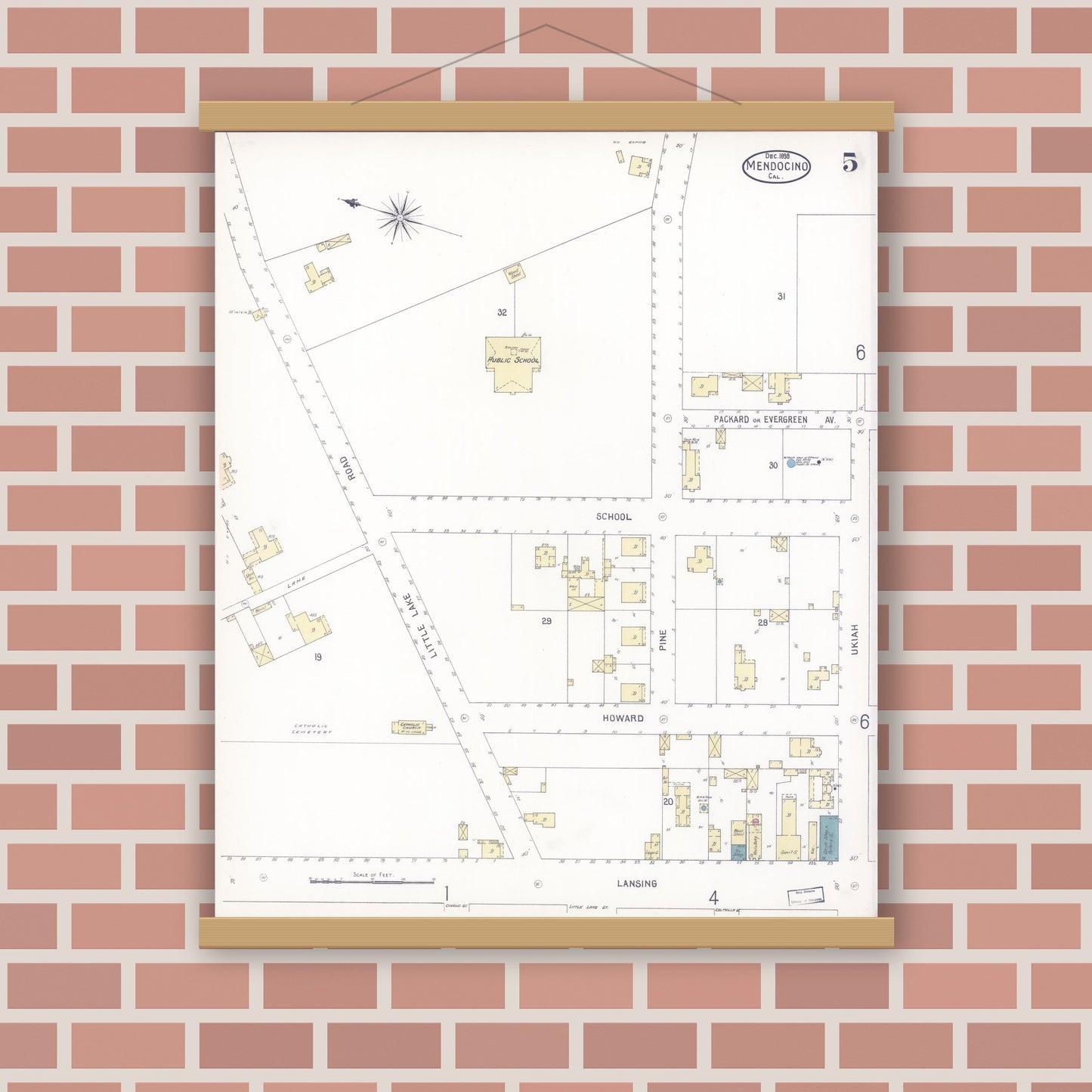 Old map wall art mockup — magnetic wood frame on brick wall — Sanborn Fire Insurance Map from Mendocino, Mendocino County, California (1898), Sheet #0005