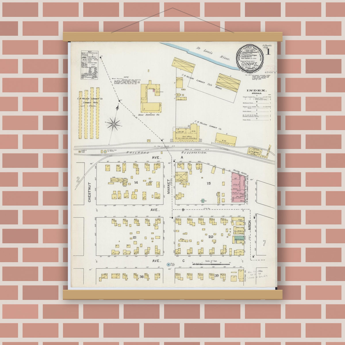 Old map wall art mockup — magnetic wood frame on brick wall — Sanborn Fire Insurance Map from Cloquet, Carlton County, Minnesota (1892), Sheet #0001