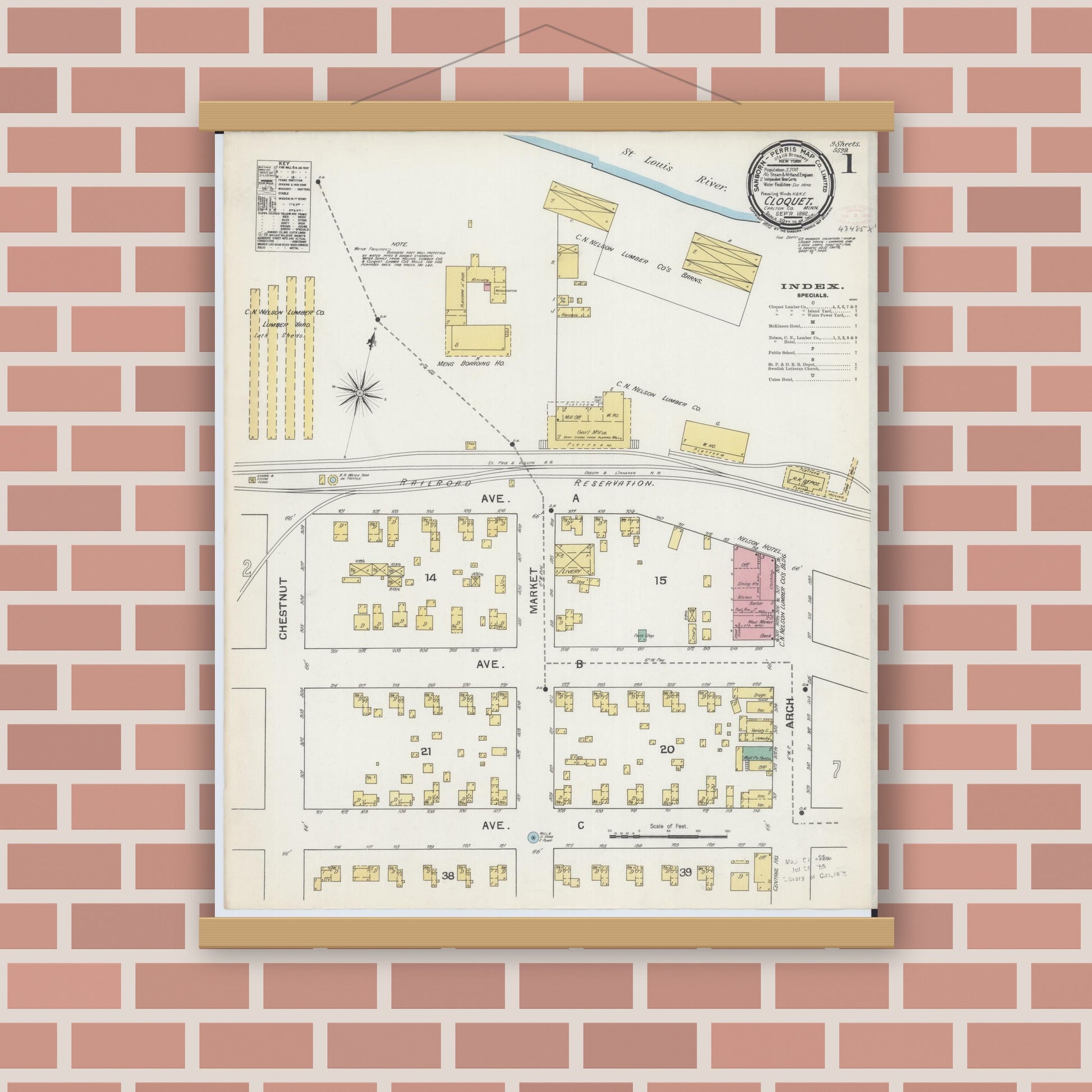 Old map wall art mockup — magnetic wood frame on brick wall — Sanborn Fire Insurance Map from Cloquet, Carlton County, Minnesota (1892), Sheet #0001