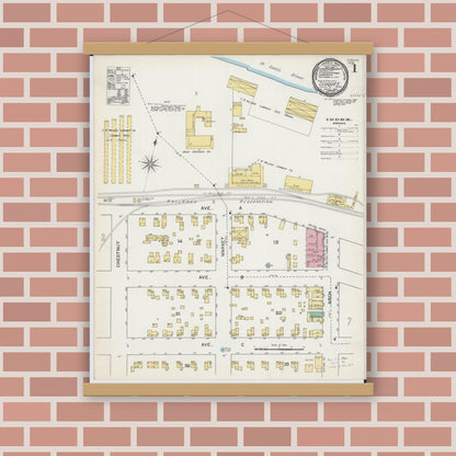 Old map wall art mockup — magnetic wood frame on brick wall — Sanborn Fire Insurance Map from Cloquet, Carlton County, Minnesota (1892), Sheet #0001
