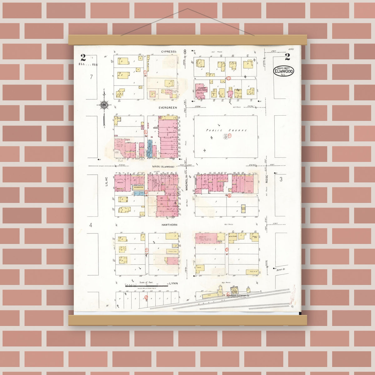 Old map wall art mockup — magnetic wood frame on brick wall — Sanborn Fire Insurance Map from Elmwood, Peoria County, Illinois (1944), Sheet #0002