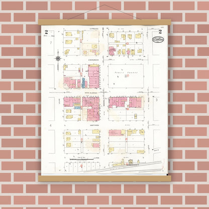 Old map wall art mockup — magnetic wood frame on brick wall — Sanborn Fire Insurance Map from Elmwood, Peoria County, Illinois (1944), Sheet #0002