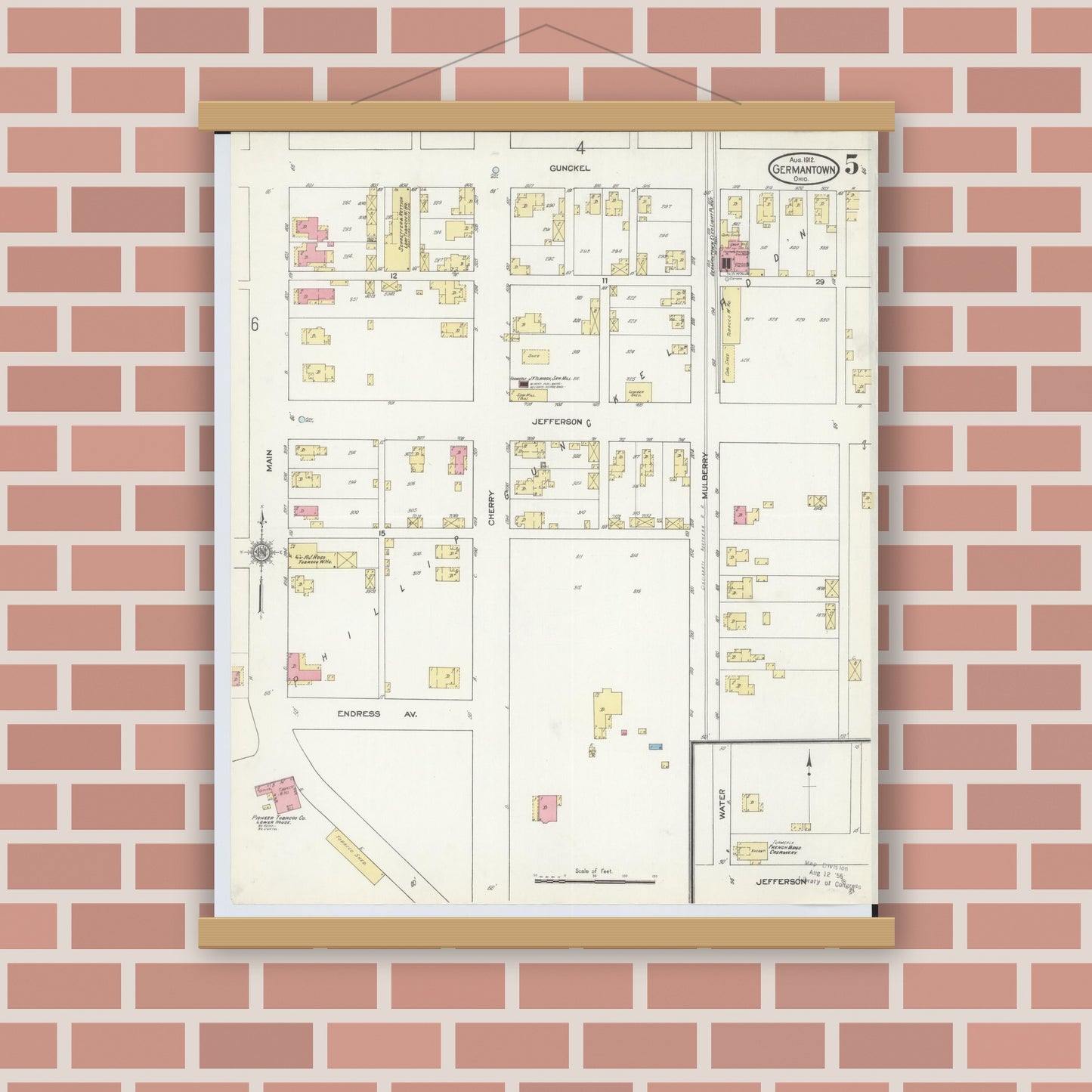 Old map wall art mockup — magnetic wood frame on brick wall — Sanborn Fire Insurance Map from Germantown, Montgomery County, Ohio (1912), Sheet #0005