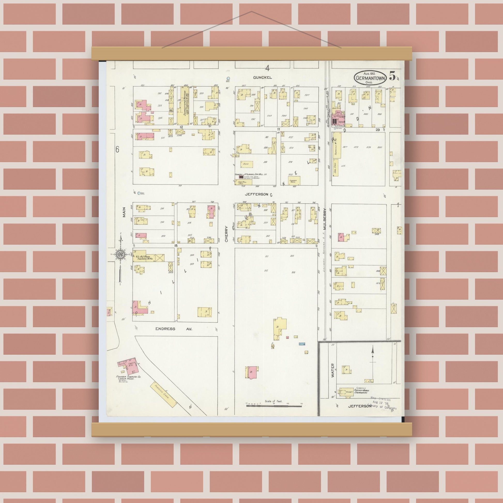 Old map wall art mockup — magnetic wood frame on brick wall — Sanborn Fire Insurance Map from Germantown, Montgomery County, Ohio (1912), Sheet #0005
