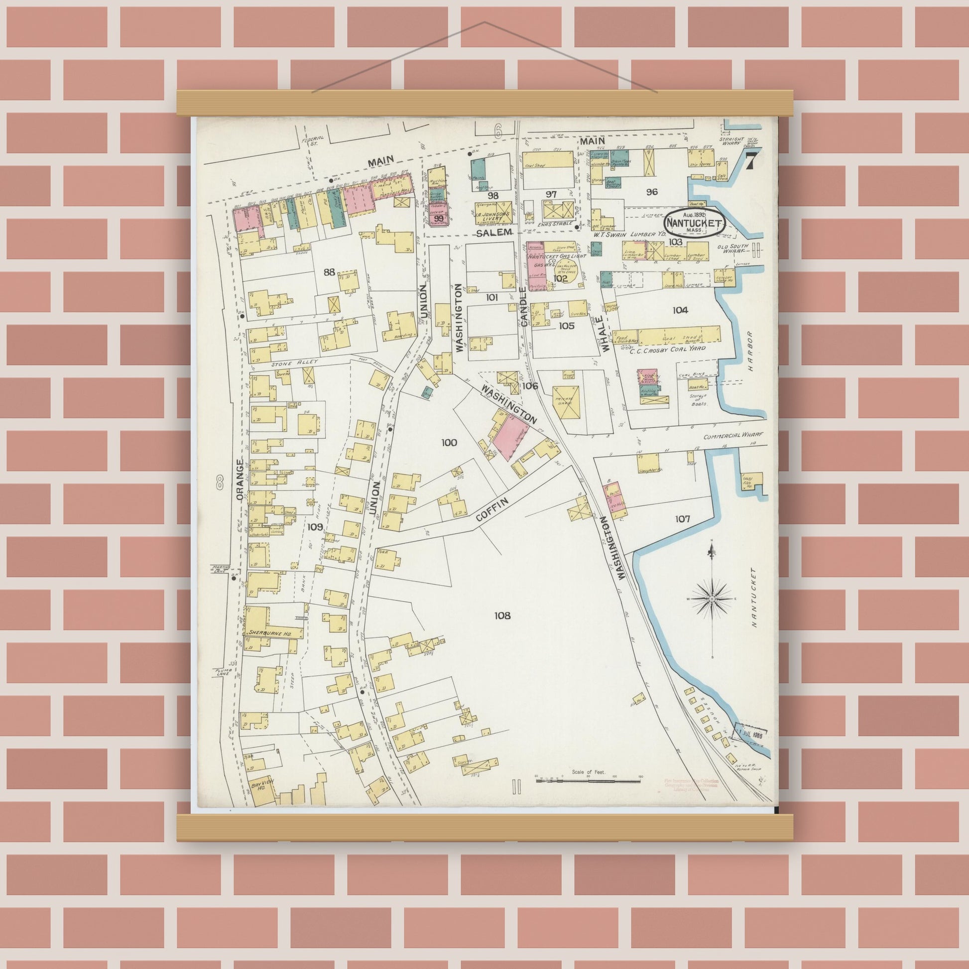 Old map wall art mockup — magnetic wood frame on brick wall — Sanborn Fire Insurance Map from Nantucket, Nantucket County, Massachusetts (1892), Sheet #0007