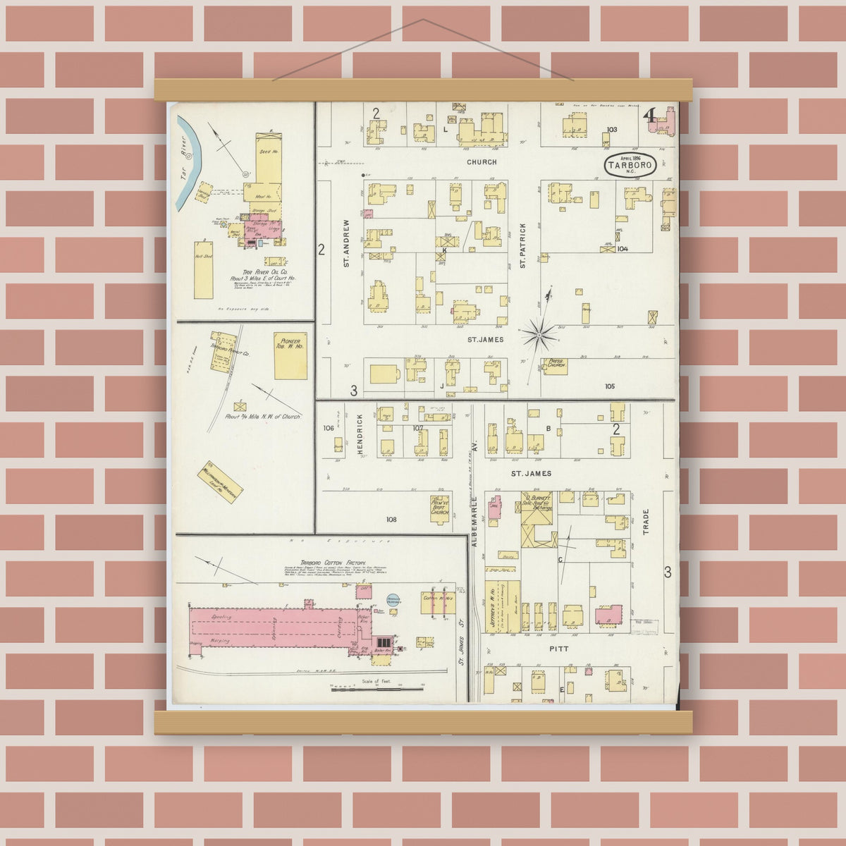 Old map wall art mockup — magnetic wood frame on brick wall — Sanborn Fire Insurance Map from Tarboro, Edgecombe County, North Carolina (1896), Sheet #0004