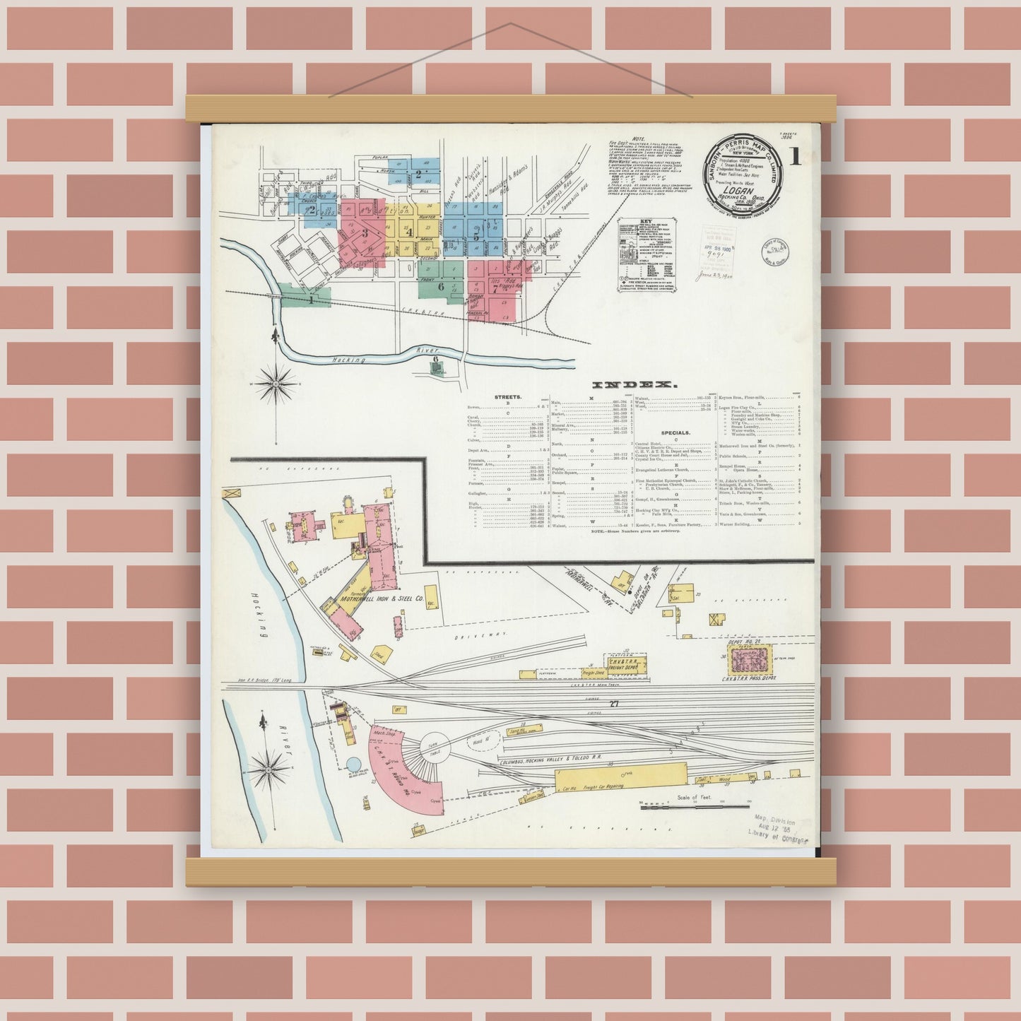 Old map wall art mockup — magnetic wood frame on brick wall — Sanborn Fire Insurance Map from Logan, Hocking County, Ohio (1900) - Complete Map Set