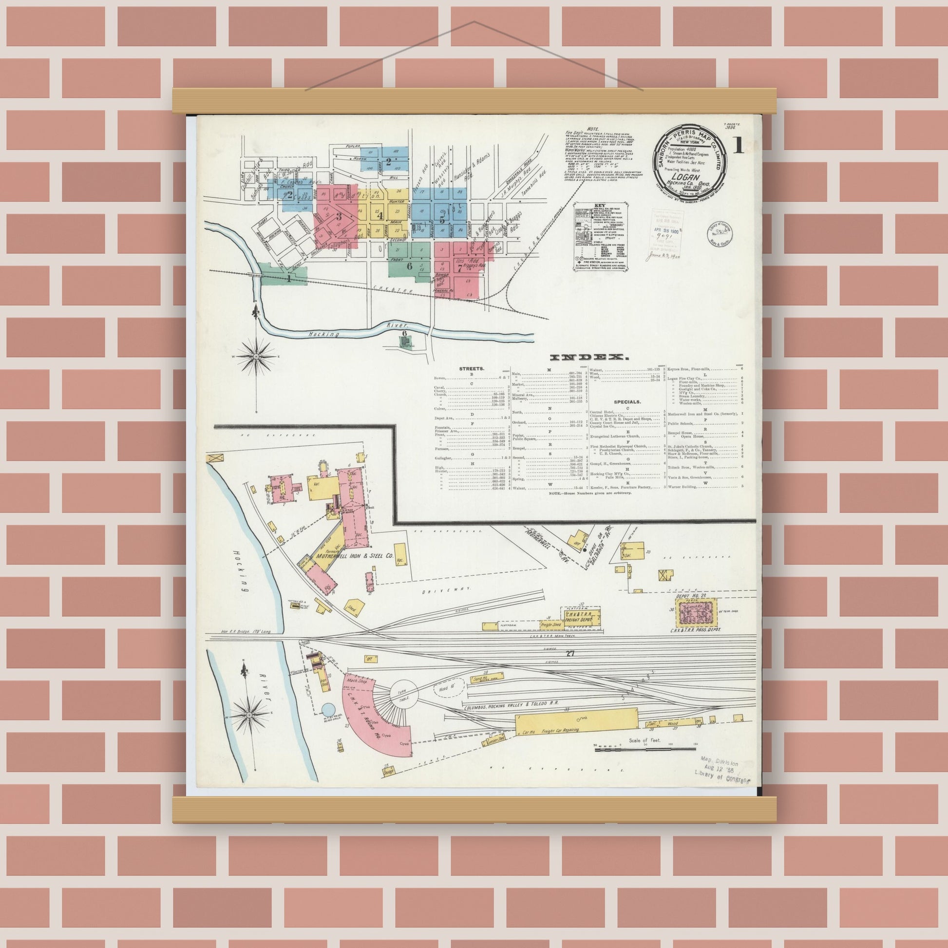 Old map wall art mockup — magnetic wood frame on brick wall — Sanborn Fire Insurance Map from Logan, Hocking County, Ohio (1900) - Complete Map Set