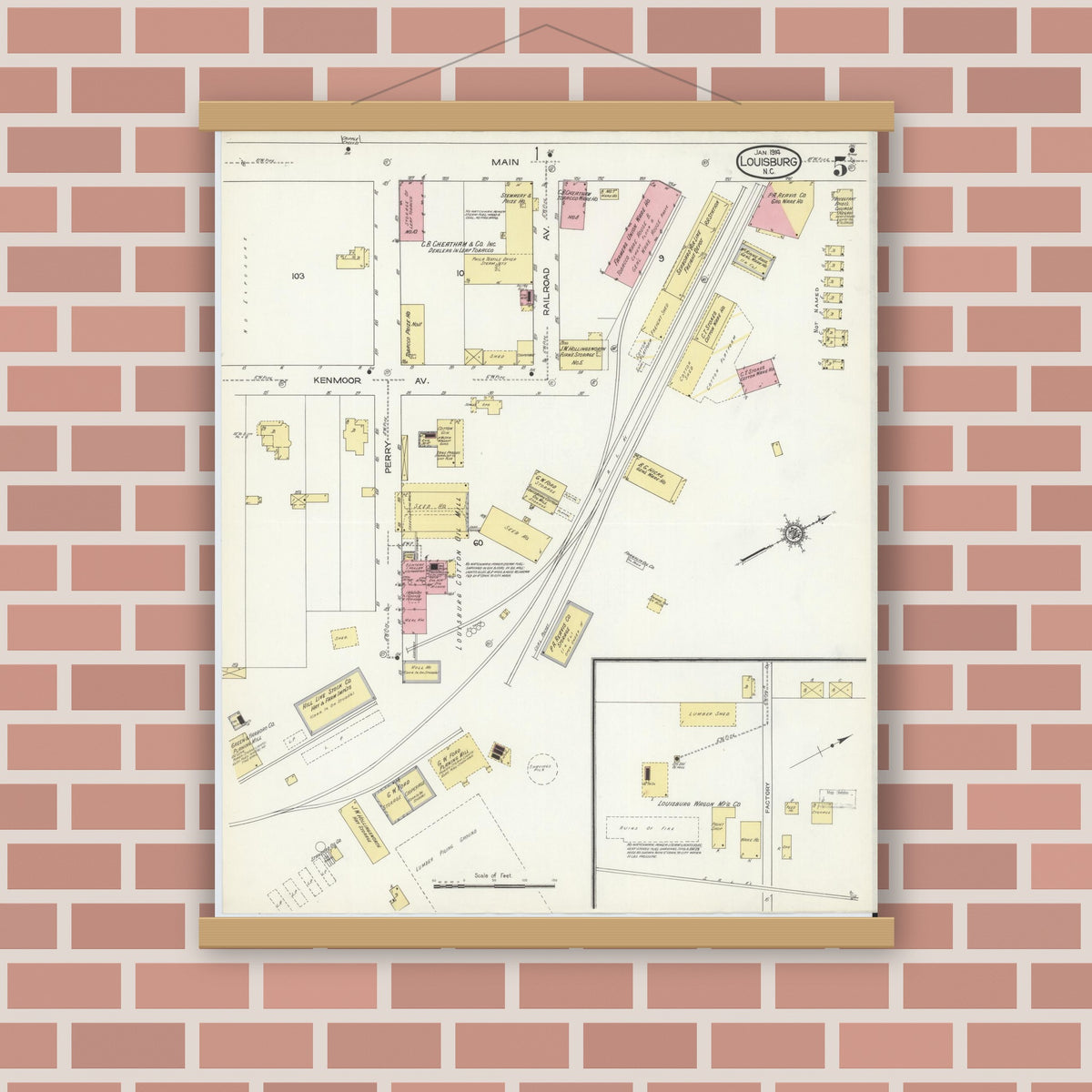 Old map wall art mockup — magnetic wood frame on brick wall — Sanborn Fire Insurance Map from Louisburg, Franklin County, North Carolina (1914), Sheet #0005