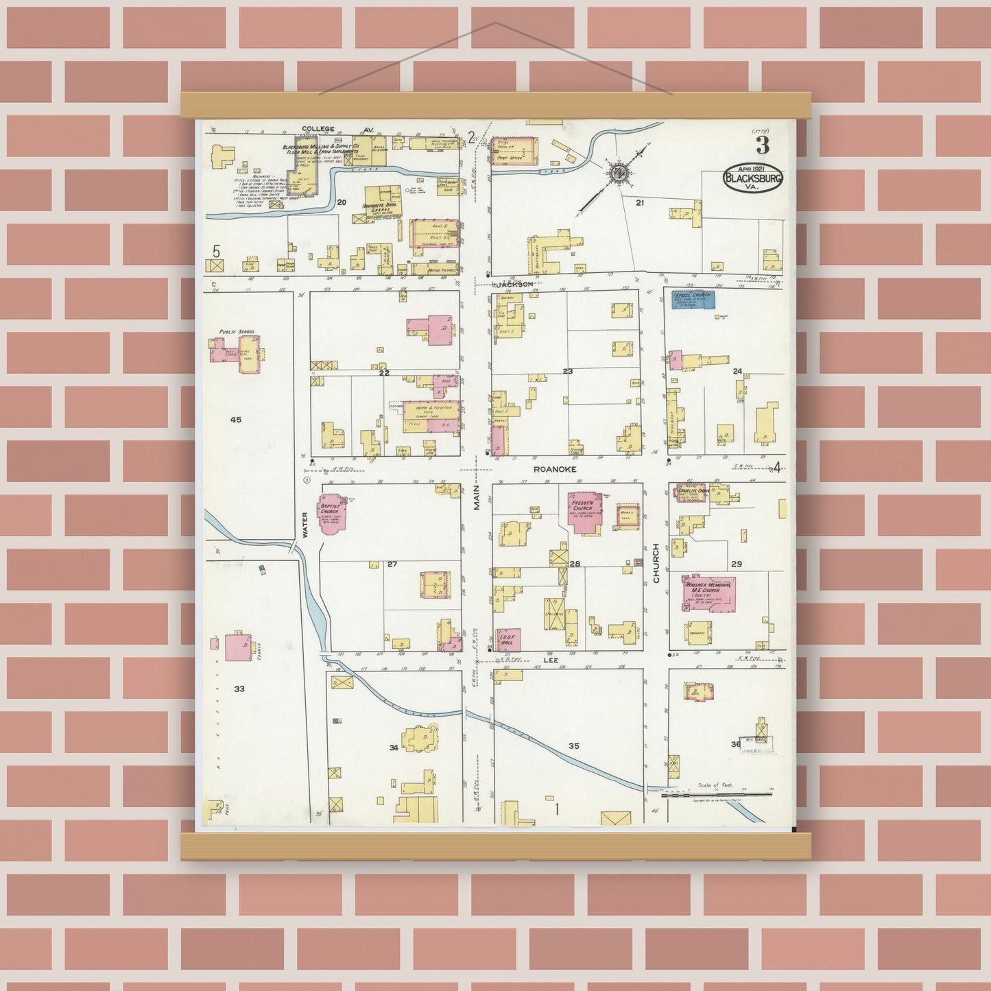 Old map wall art mockup — magnetic wood frame on brick wall — Sanborn Fire Insurance Map from Blacksburg, Montgomery County, Virginia (1921), Sheet #0003