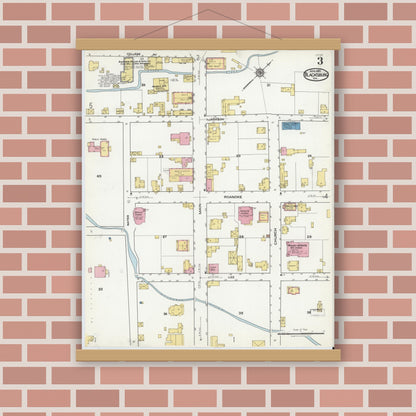 Old map wall art mockup — magnetic wood frame on brick wall — Sanborn Fire Insurance Map from Blacksburg, Montgomery County, Virginia (1921), Sheet #0003