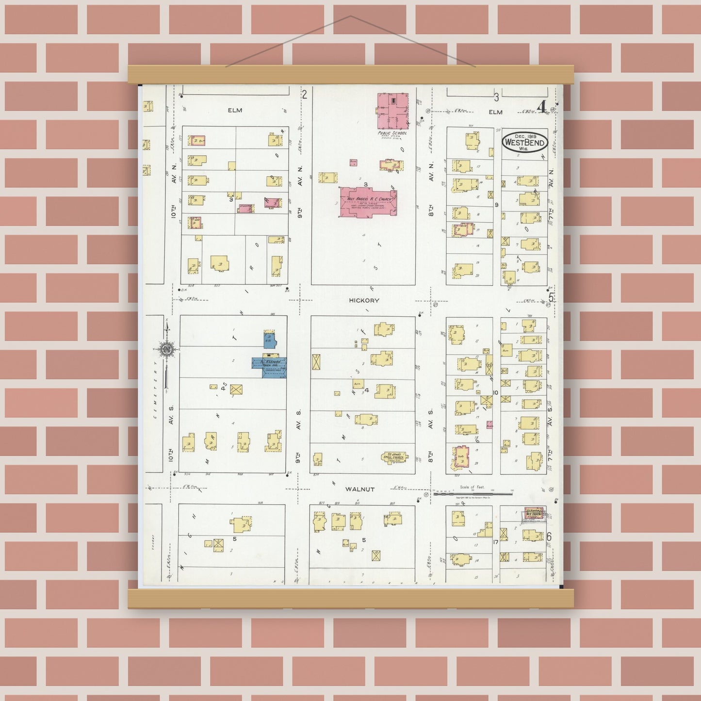 Old map wall art mockup — magnetic wood frame on brick wall — Sanborn Fire Insurance Map from West Bend, Washington County, Wisconsin (1919), Sheet #0004