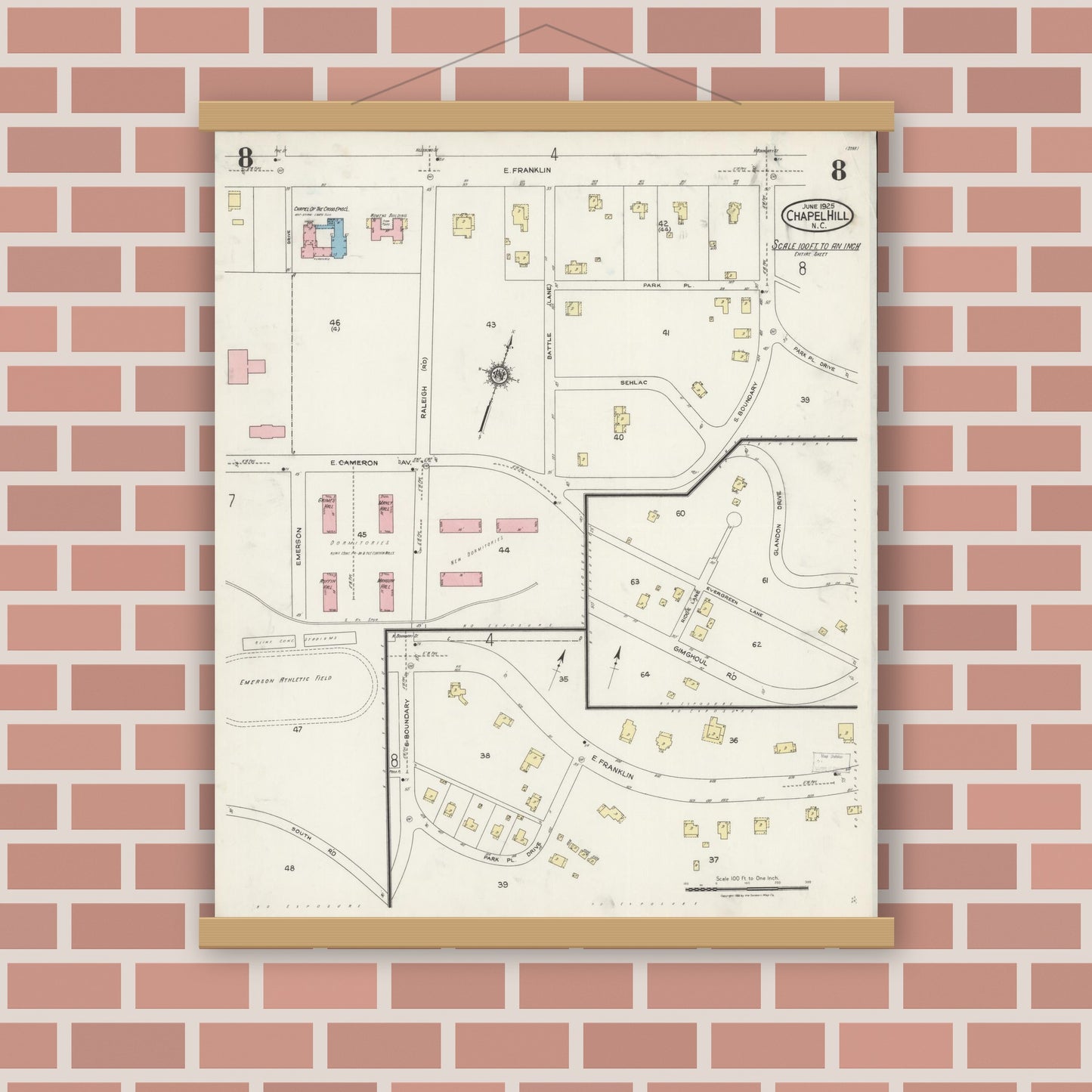 Old map wall art mockup — magnetic wood frame on brick wall — Sanborn Fire Insurance Map from Chapel Hill, Orange County, North Carolina (1925), Sheet #0008