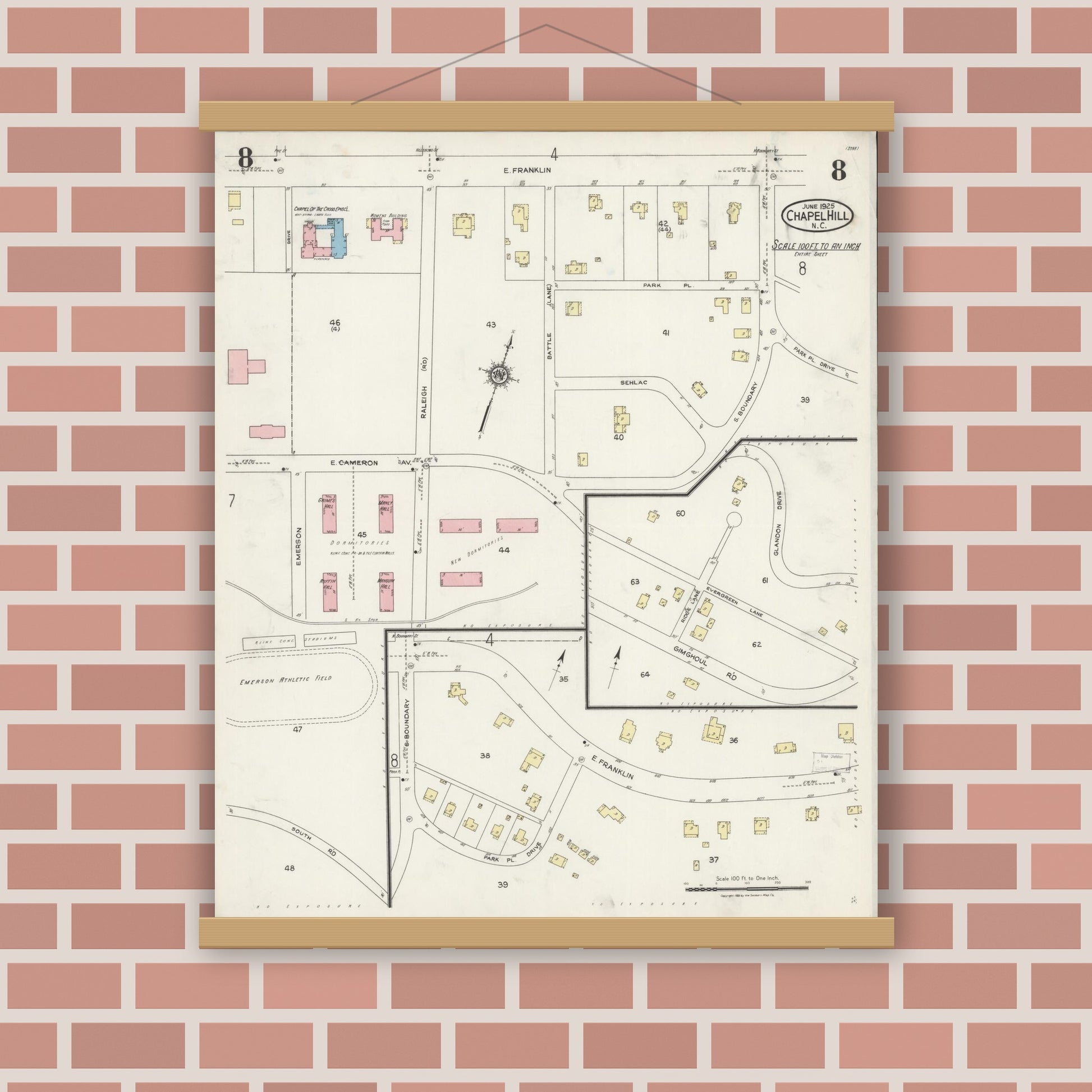 Old map wall art mockup — magnetic wood frame on brick wall — Sanborn Fire Insurance Map from Chapel Hill, Orange County, North Carolina (1925), Sheet #0008