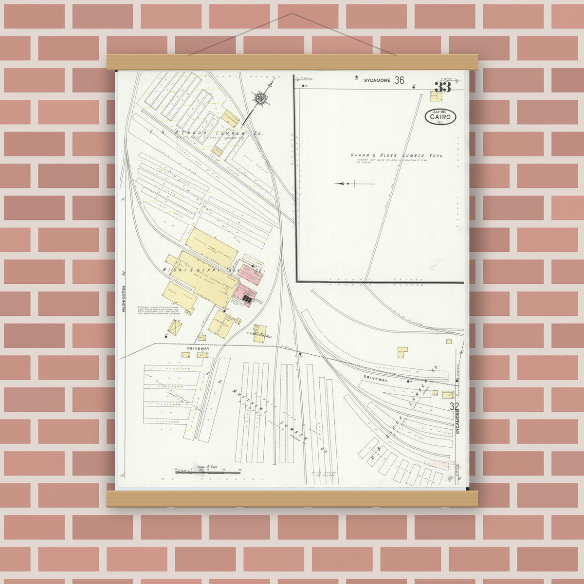 Old map wall art mockup — magnetic wood frame on brick wall — Sanborn Fire Insurance Map from Cairo, Alexander County, Illinois (1914), Sheet #0033