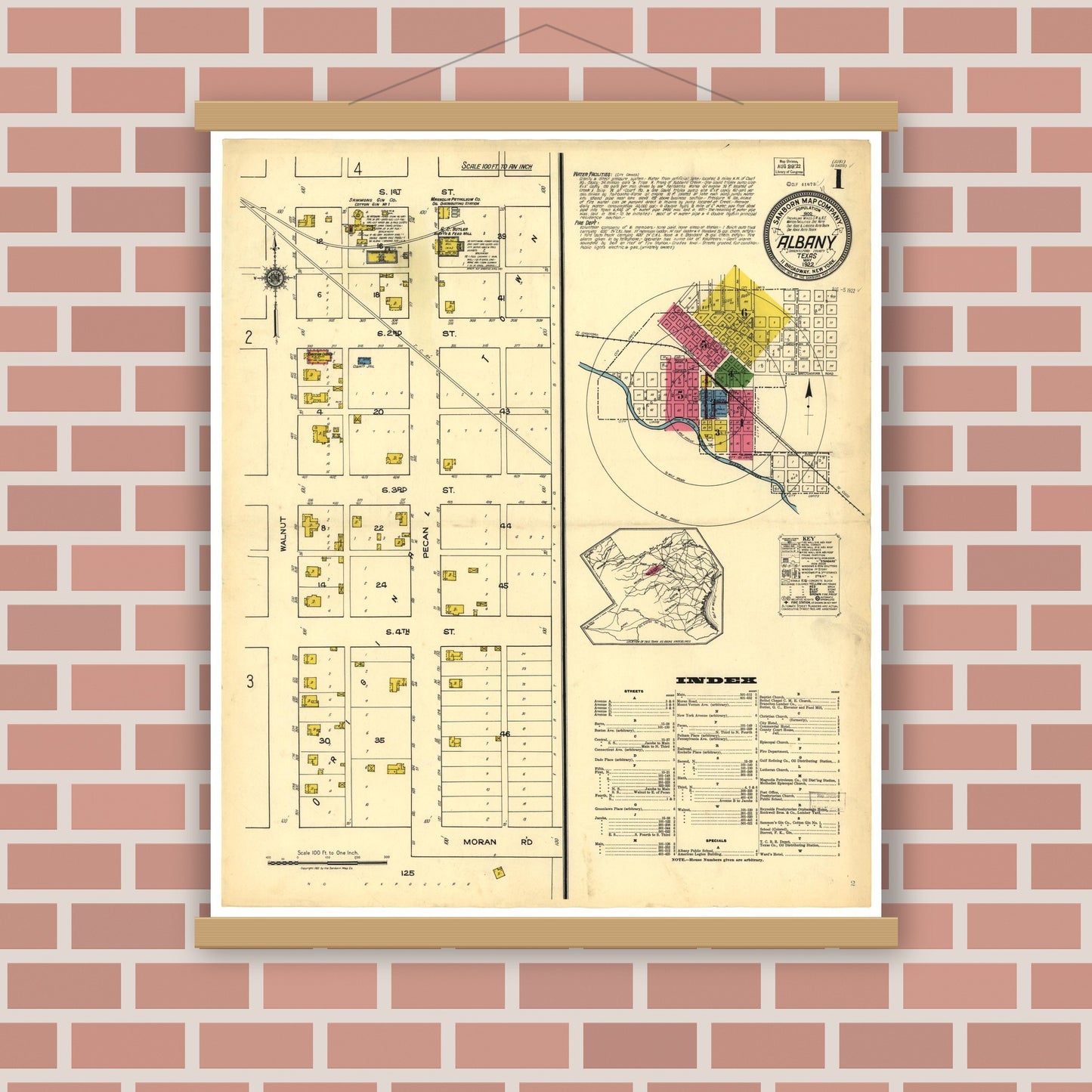 Old map wall art mockup — magnetic wood frame on brick wall — Sanborn Fire Insurance Map from Albany, Shackelford County, Texas (1922), Sheet #0001
