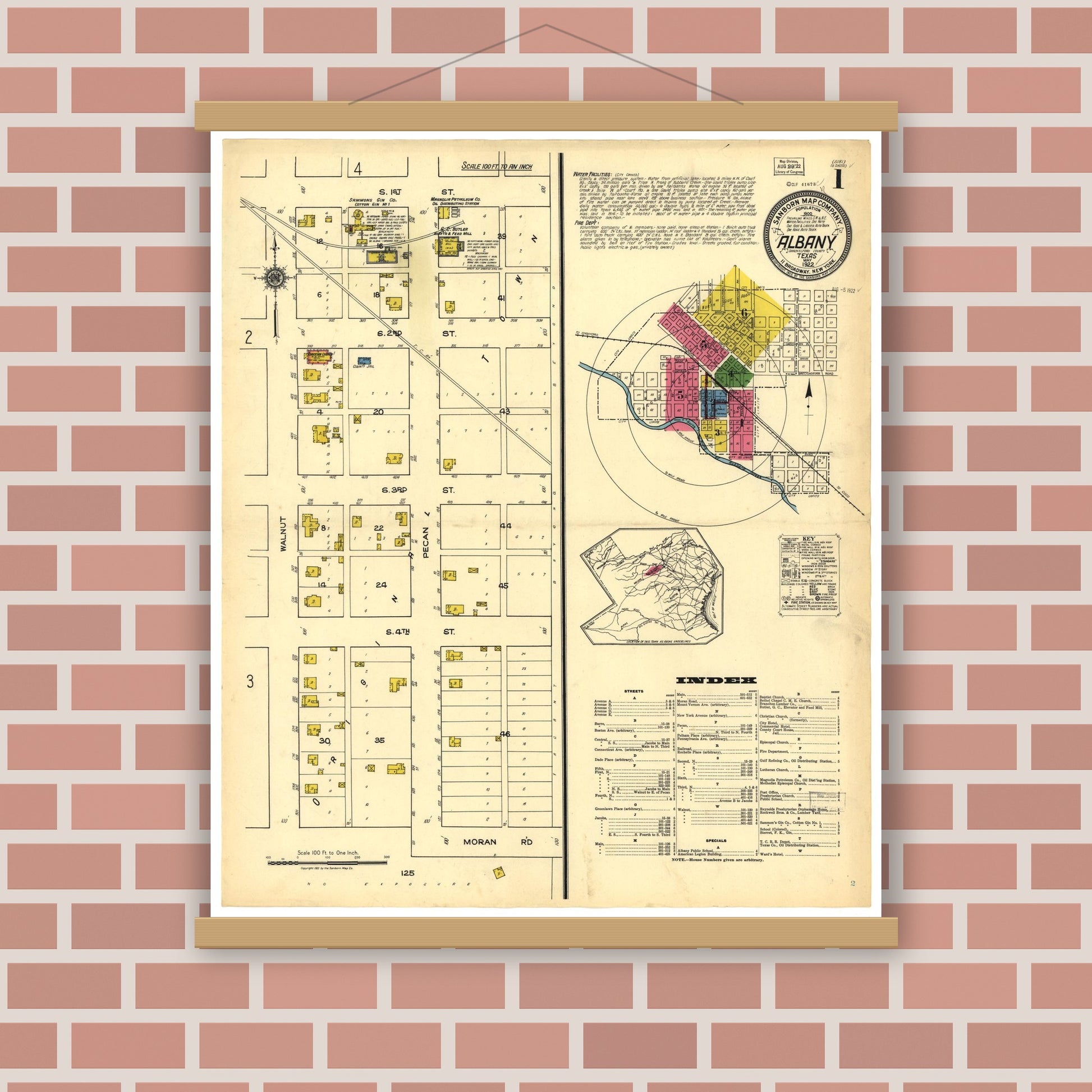 Old map wall art mockup — magnetic wood frame on brick wall — Sanborn Fire Insurance Map from Albany, Shackelford County, Texas (1922), Sheet #0001